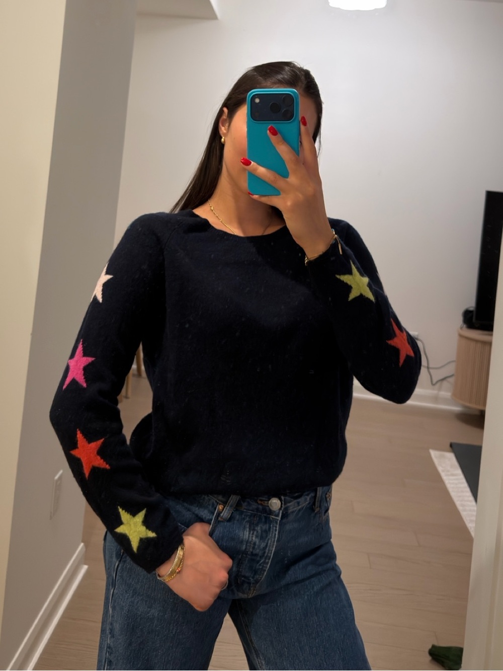WYSE London Dark Blue Cashmere Crewneck Sweater with Star Sleeve Detail